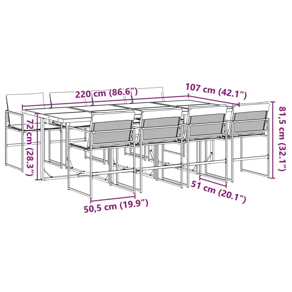 9 Piece Outdoor Dining Set with Cushions Black Textilene Folding Chairs Glass