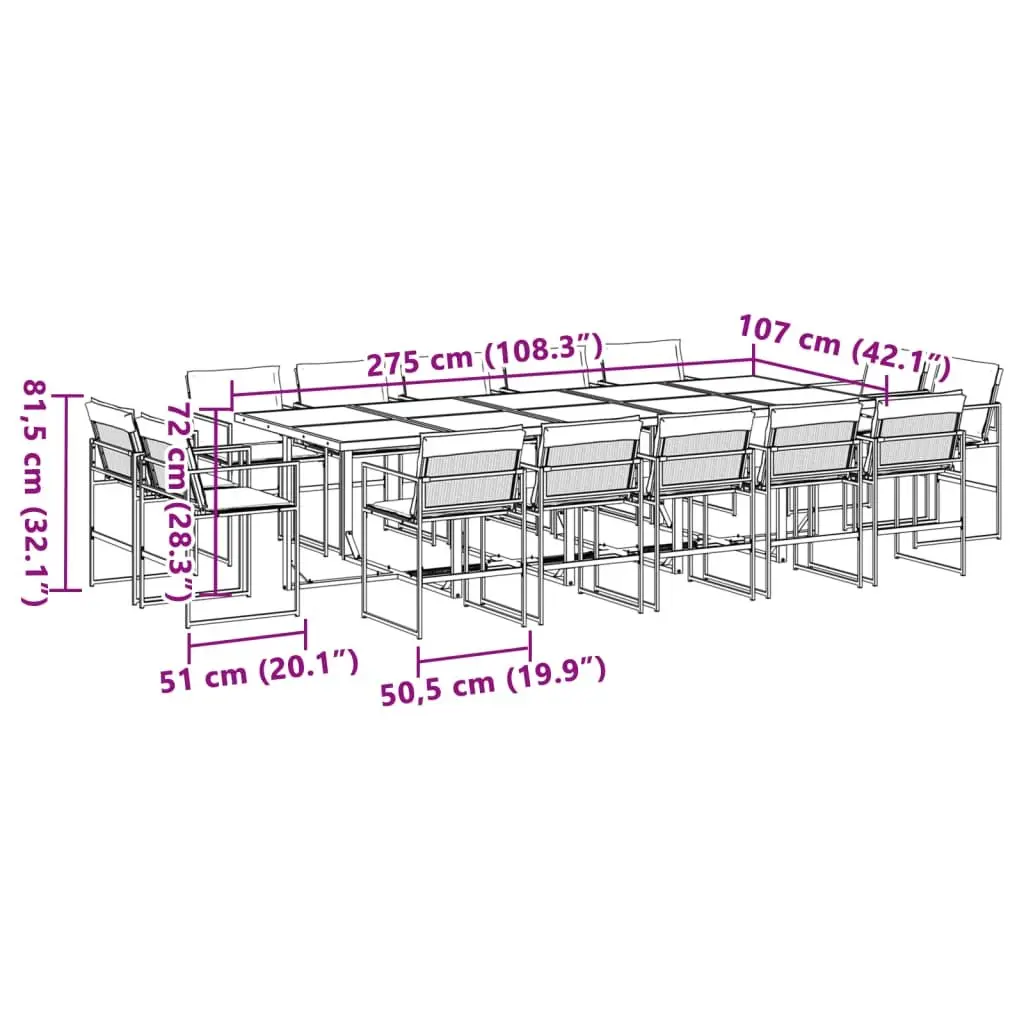Garden Dining Set 15 Piece Outdoor Furniture Textilene Chairs Glass Table Black