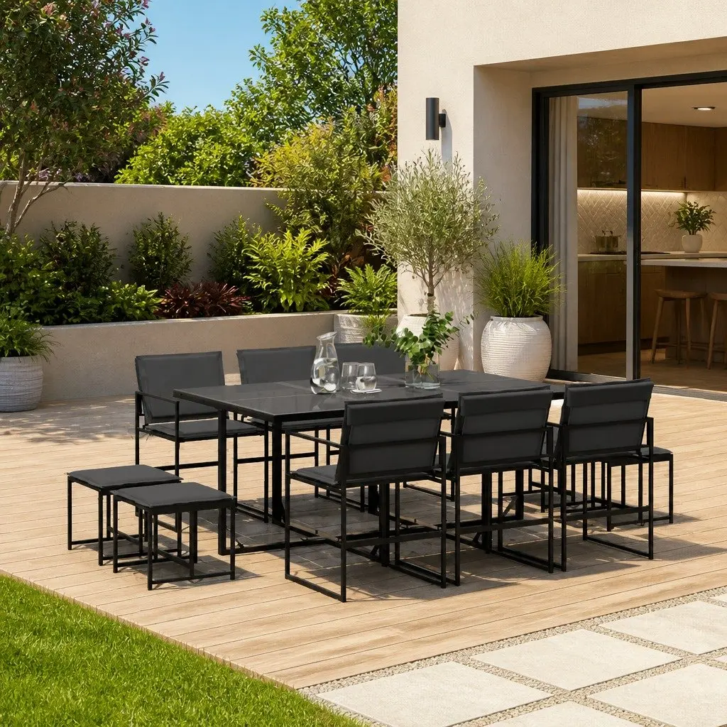 Garden Dining Set 11 Piece Outdoor Furniture Black Textilene Chairs Table