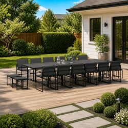 Garden Dining Set 17 Piece Outdoor Furniture Black Textilene Chairs Table