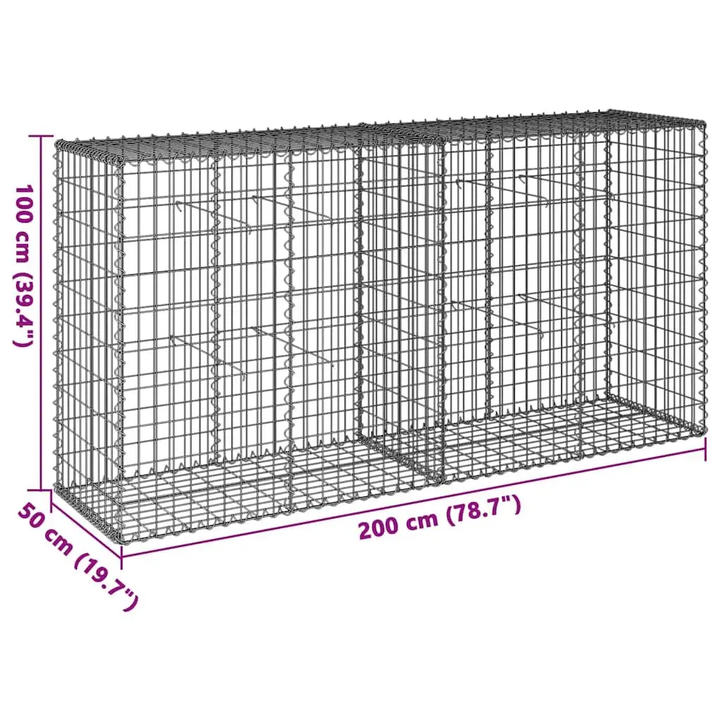 Gabion Basket Silver 200x50x100 cm Galvanised Iron Wire with Cover for Garden Retaining Walls and Privacy Screens