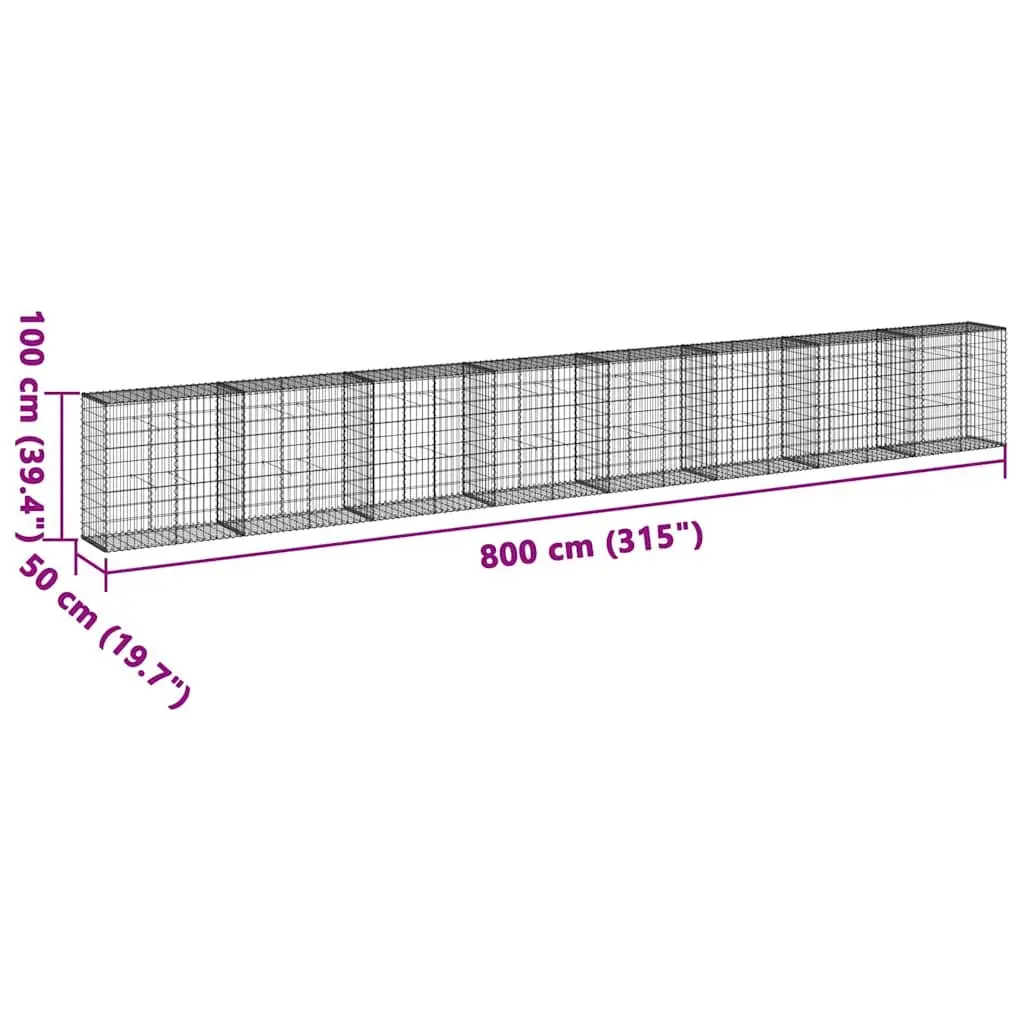 Gabion Basket Silver 800x50x100 cm Metal Wire Cage with Cover for Garden Retaining Wall