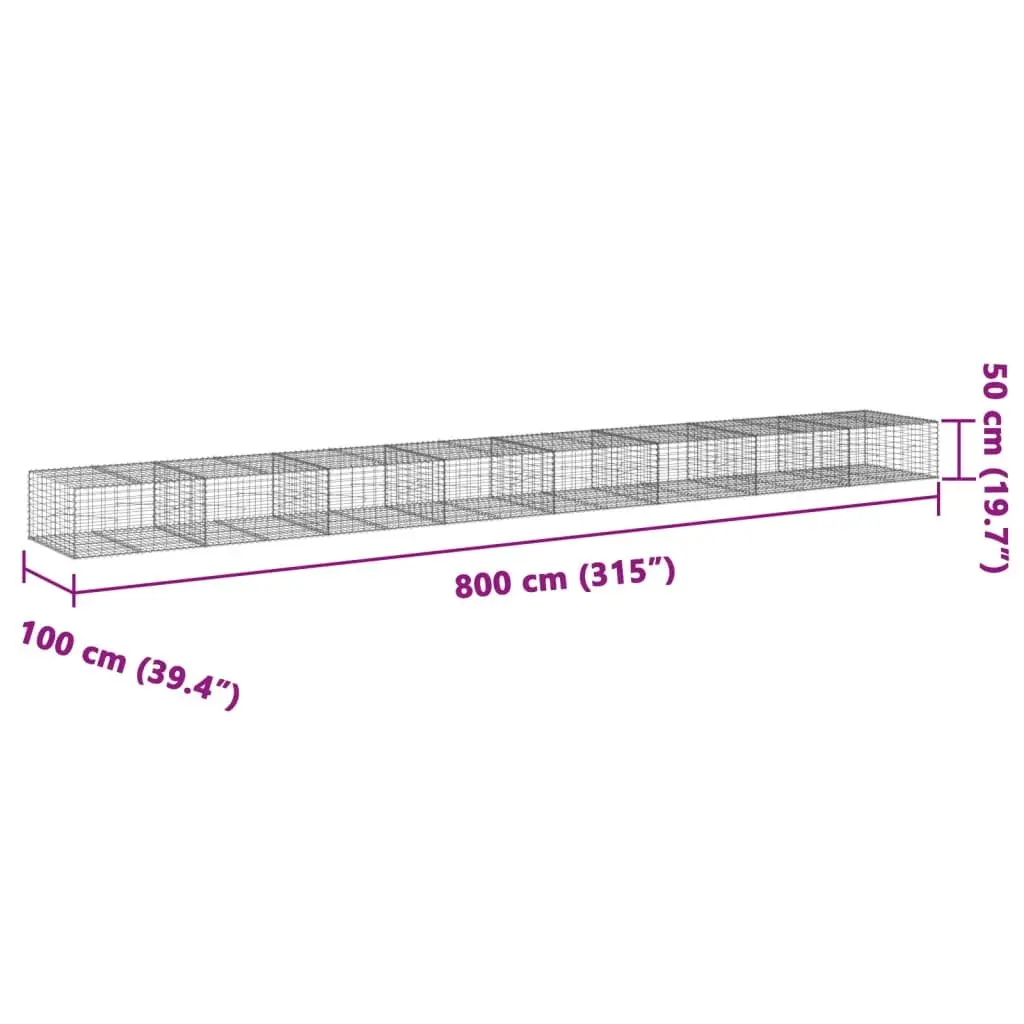 Gabion Basket Silver 800x100x50 cm Metal Wire Garden Retaining Wall with Cover