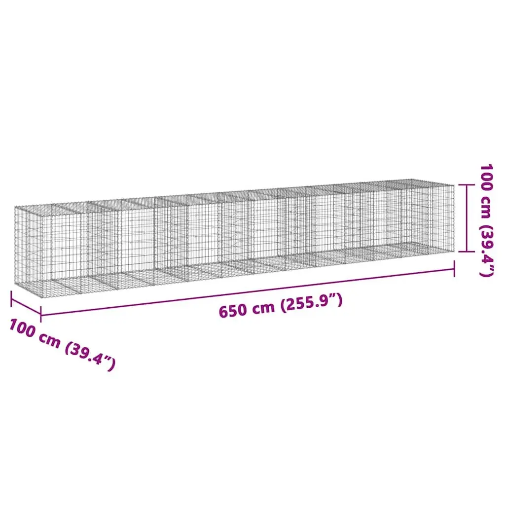 Gabion Basket Silver 650x100x100 cm Galvanised Iron Wire Outdoor Garden Landscaping with Cover
