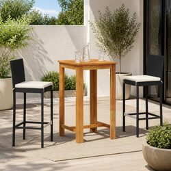 Outdoor Garden Bar Set 3 Piece Black PE Rattan Acacia Wood Table and Stools