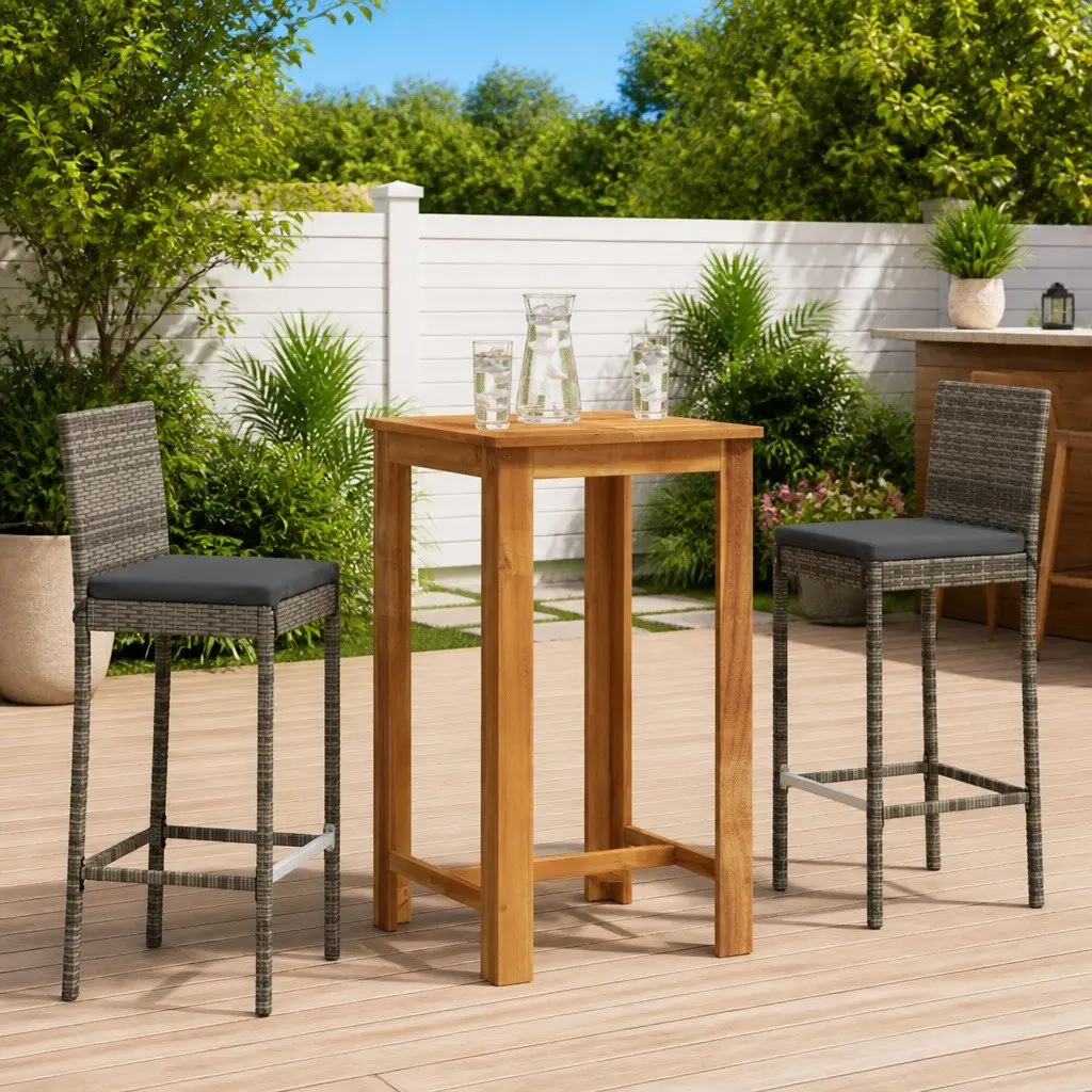 3 Piece Garden Bar Set Grey Acacia Wood Table and Poly Rattan Stools with Cushions