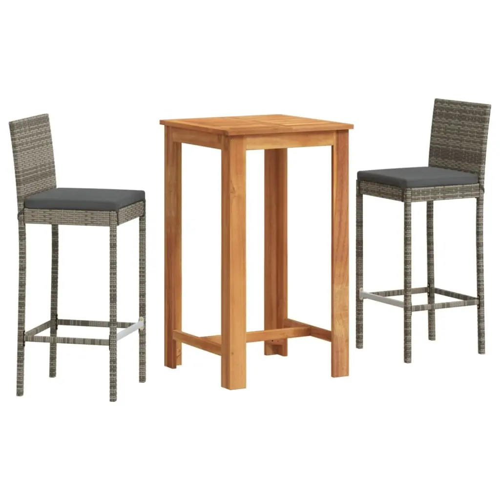3 Piece Garden Bar Set Grey Acacia Wood Table and Poly Rattan Stools with Cushions
