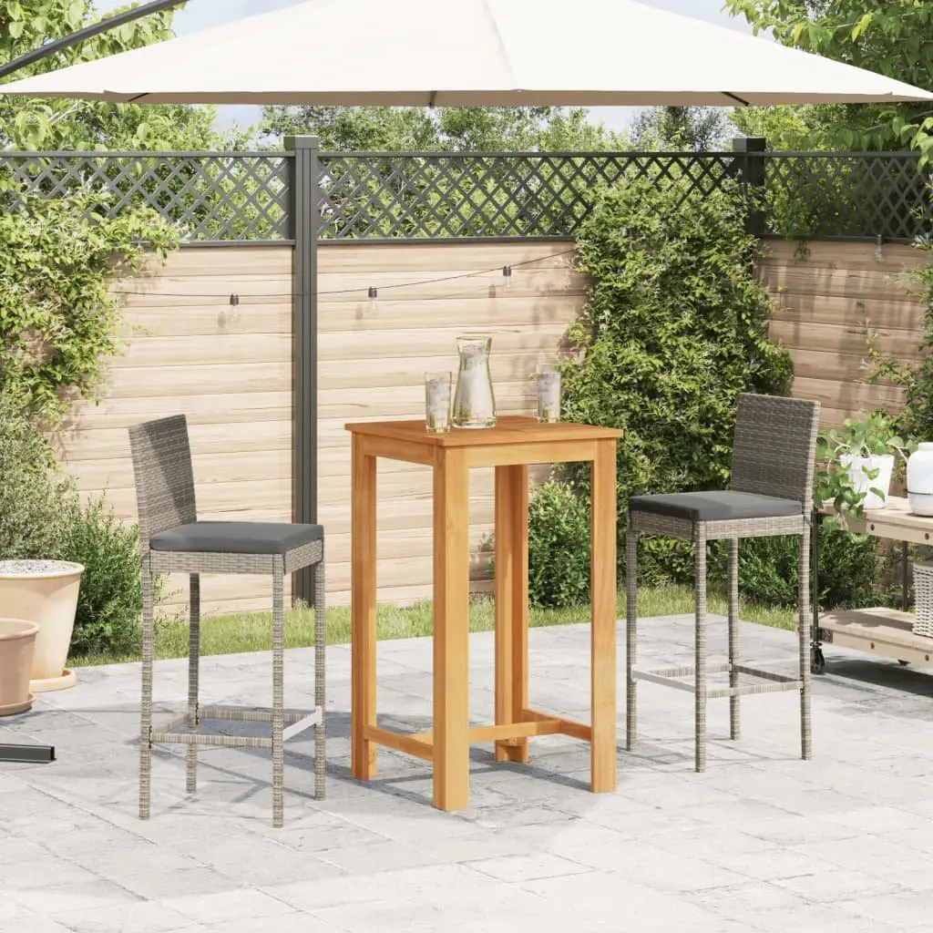 3 Piece Garden Bar Set Grey Acacia Wood Table and Poly Rattan Stools with Cushions