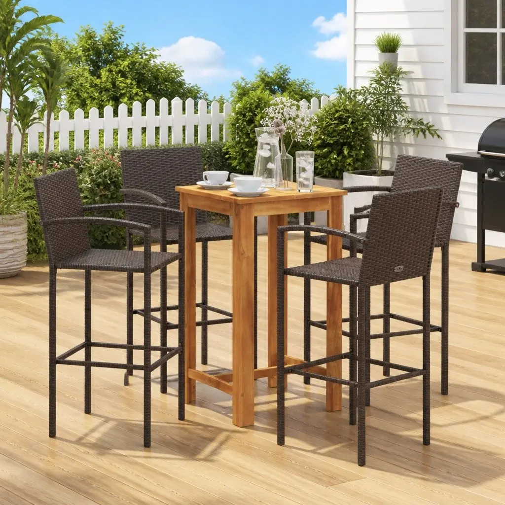 Garden Bar Set Brown 5 Piece Outdoor Bar Table Stools Acacia Wood Poly Rattan