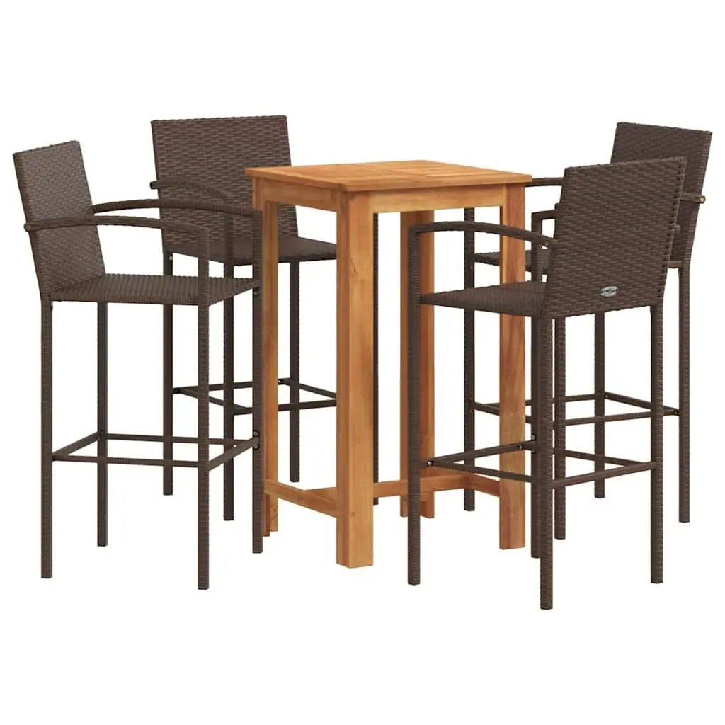 Garden Bar Set Brown 5 Piece Outdoor Bar Table Stools Acacia Wood Poly Rattan