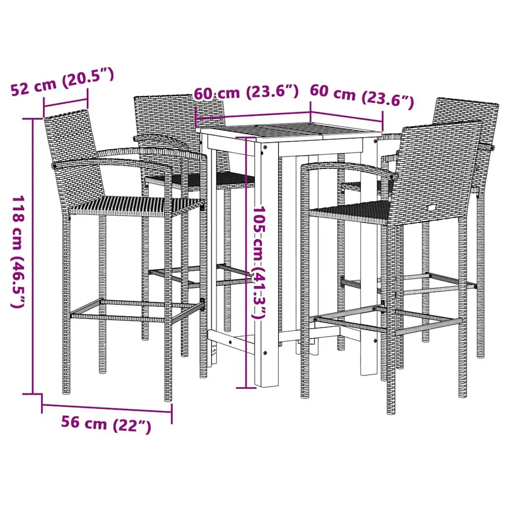 Garden Bar Set Brown 5 Piece Outdoor Bar Table Stools Acacia Wood Poly Rattan