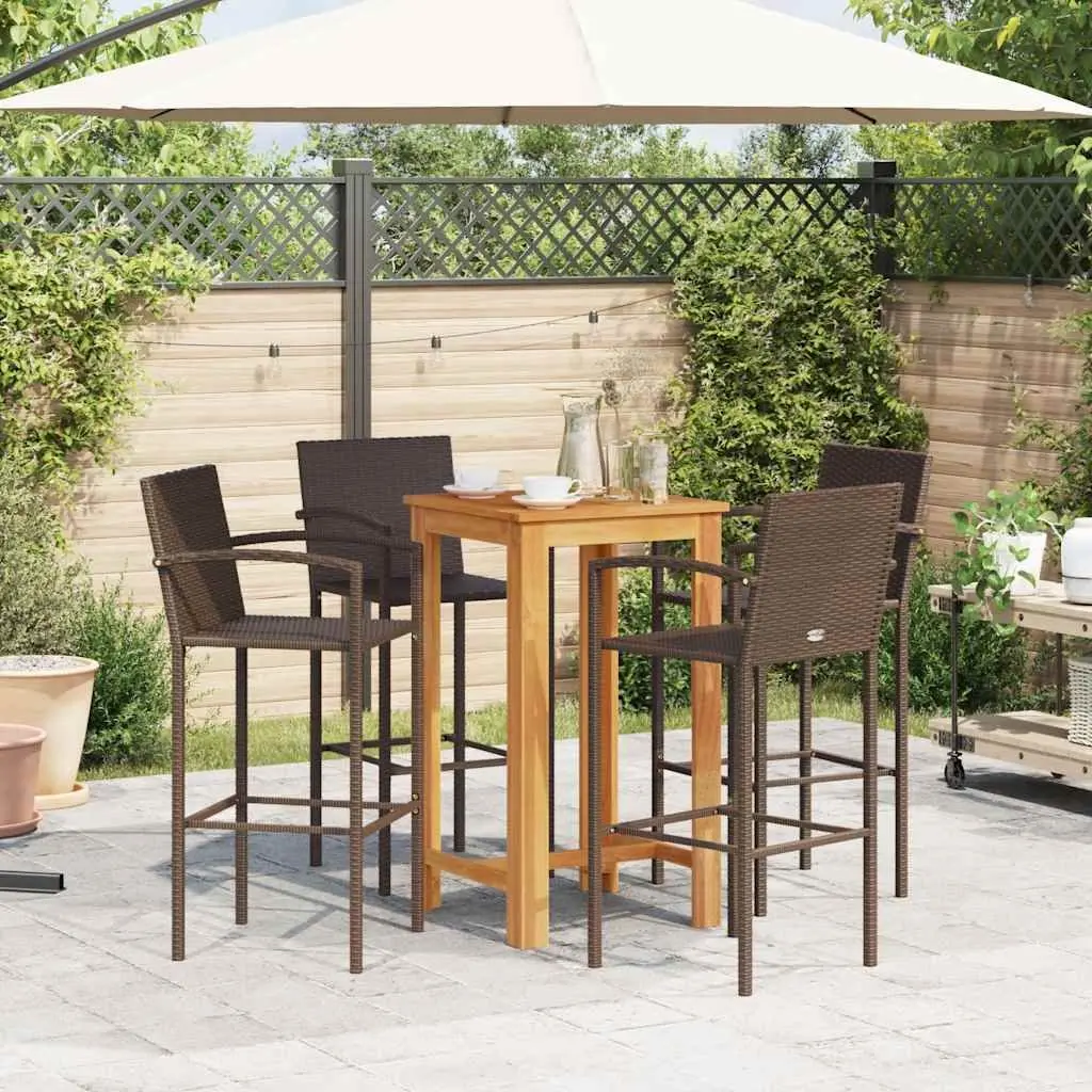 Garden Bar Set Brown 5 Piece Outdoor Bar Table Stools Acacia Wood Poly Rattan