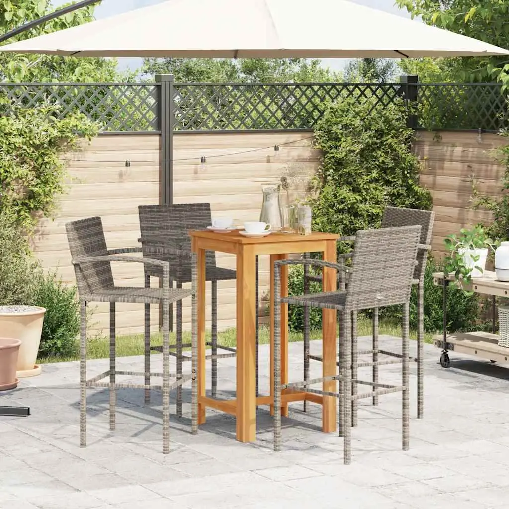Garden Bar Set Grey 5 Piece Outdoor Bar Table and Stools Acacia Rattan