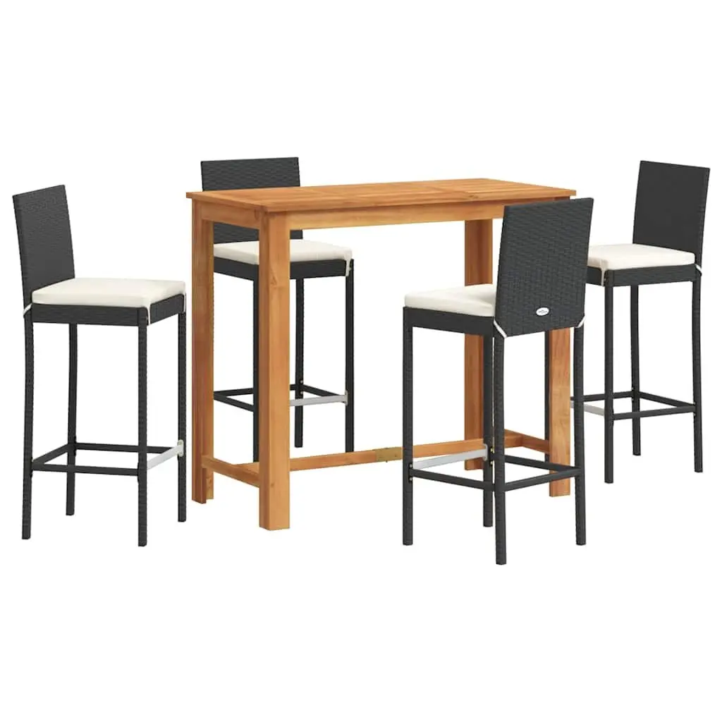 5 Piece Garden Bar Set Black Acacia Wood Poly Rattan Outdoor Table and Stools