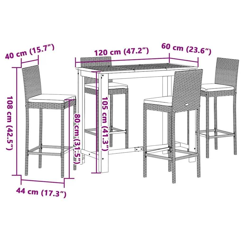 5 Piece Garden Bar Set Black Acacia Wood Poly Rattan Outdoor Table and Stools
