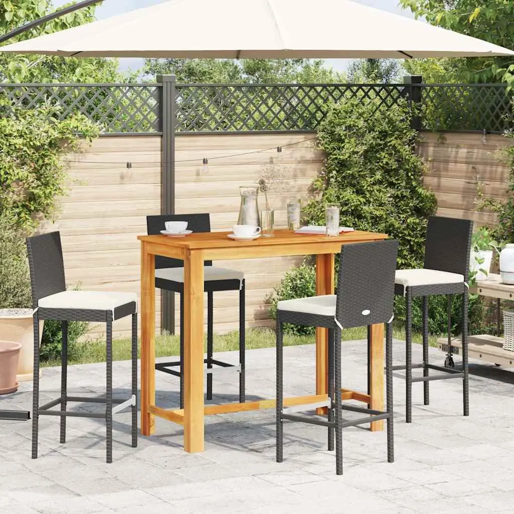 5 Piece Garden Bar Set Black Acacia Wood Poly Rattan Outdoor Table and Stools