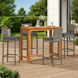 Garden Bar Set 5 Piece Outdoor Furniture Grey PE Rattan Acacia Wood Table Stools
