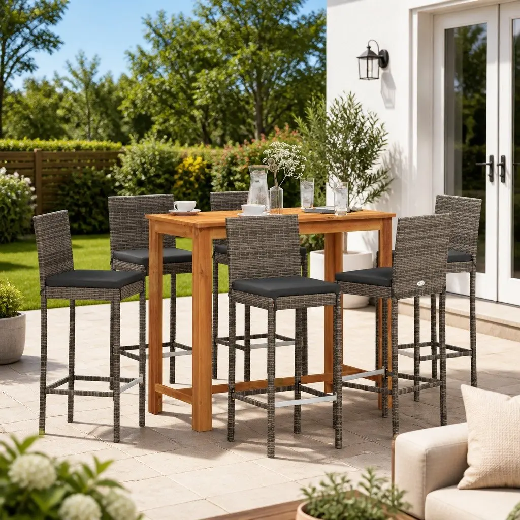 7 Piece Garden Bar Set Grey Acacia Wood Poly Rattan Stools Table