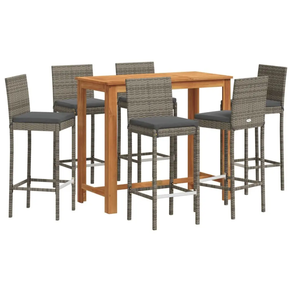 7 Piece Garden Bar Set Grey Acacia Wood Poly Rattan Stools Table