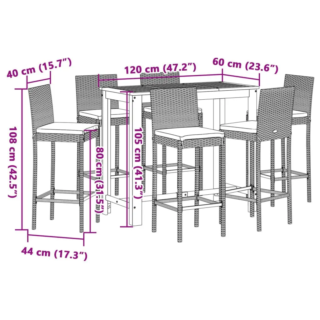 7 Piece Garden Bar Set Grey Acacia Wood Poly Rattan Stools Table