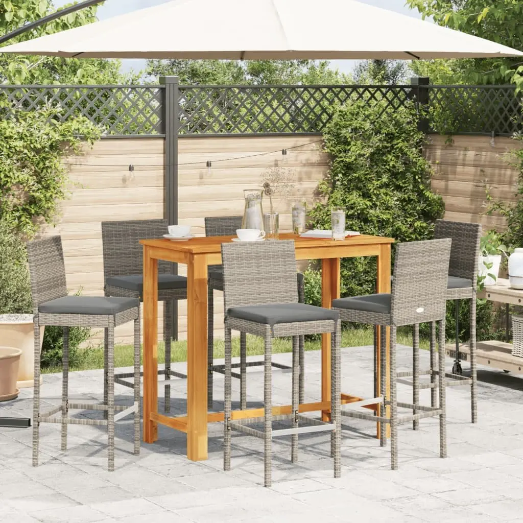 7 Piece Garden Bar Set Grey Acacia Wood Poly Rattan Stools Table