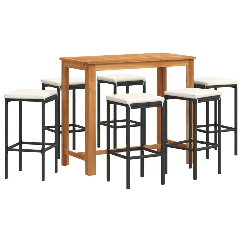 Garden Bar Set Black 7 Piece Outdoor Poly Rattan Bar Table Stools Acacia Wood Top