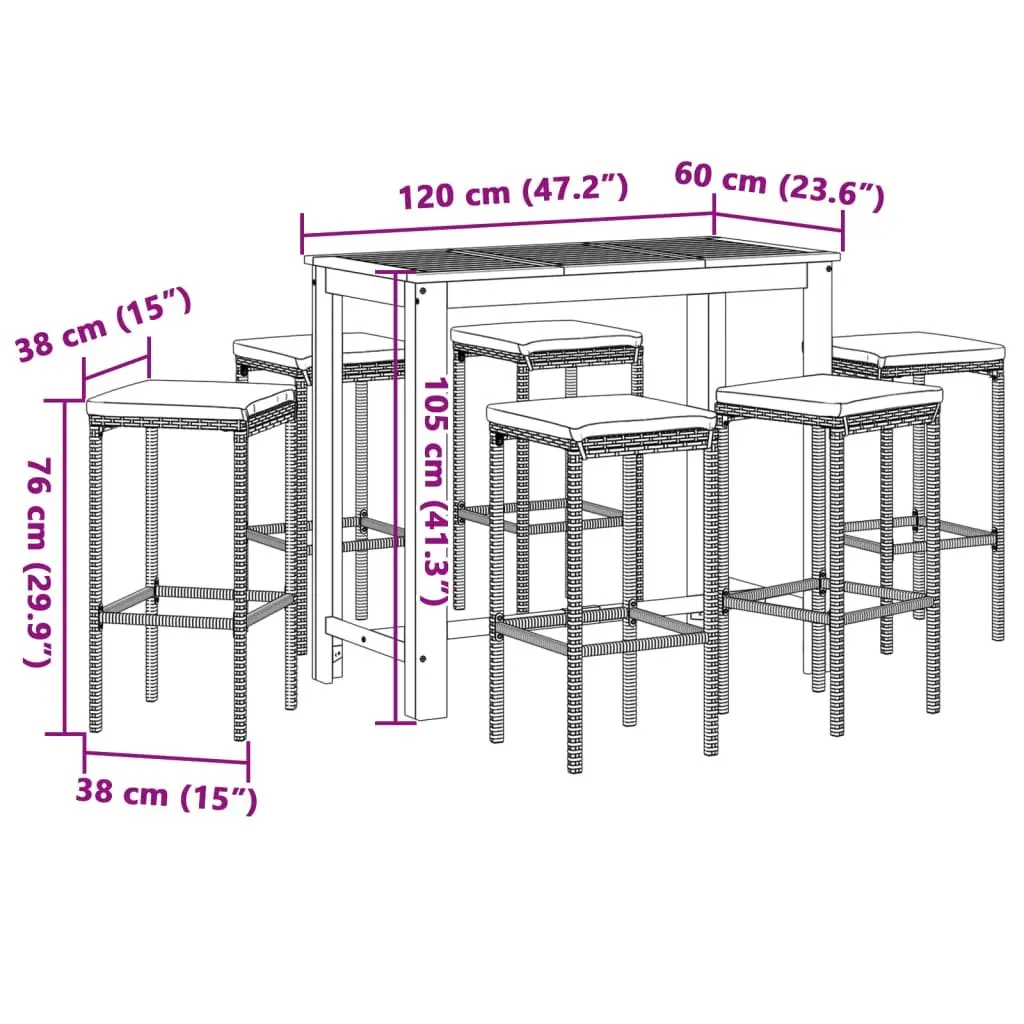 Garden Bar Set Black 7 Piece Outdoor Poly Rattan Bar Table Stools Acacia Wood Top