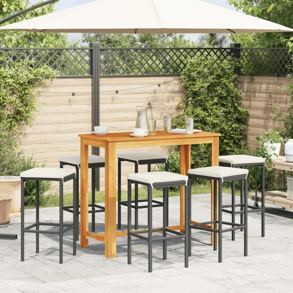 Garden Bar Set Black 7 Piece Outdoor Poly Rattan Bar Table Stools Acacia Wood Top