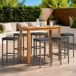Outdoor Garden Bar Set 7 Piece Grey Poly Rattan Acacia Wood Patio Furniture