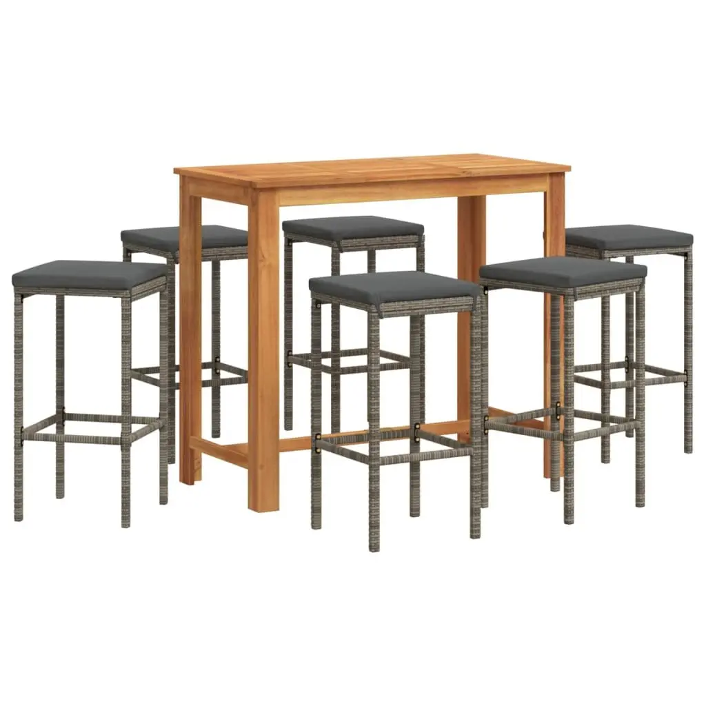 7 Piece Garden Bar Set Grey Acacia Wood Poly Rattan Outdoor Furniture