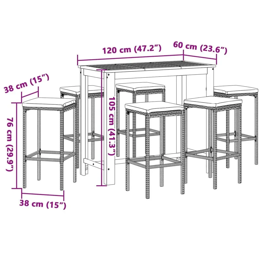7 Piece Garden Bar Set Grey Acacia Wood Poly Rattan Outdoor Furniture