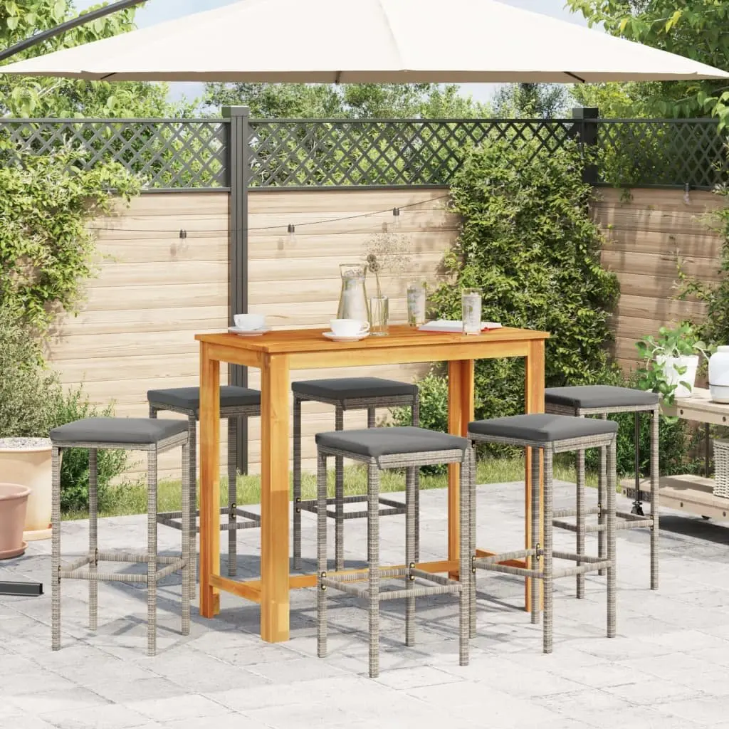 7 Piece Garden Bar Set Grey Acacia Wood Poly Rattan Outdoor Furniture