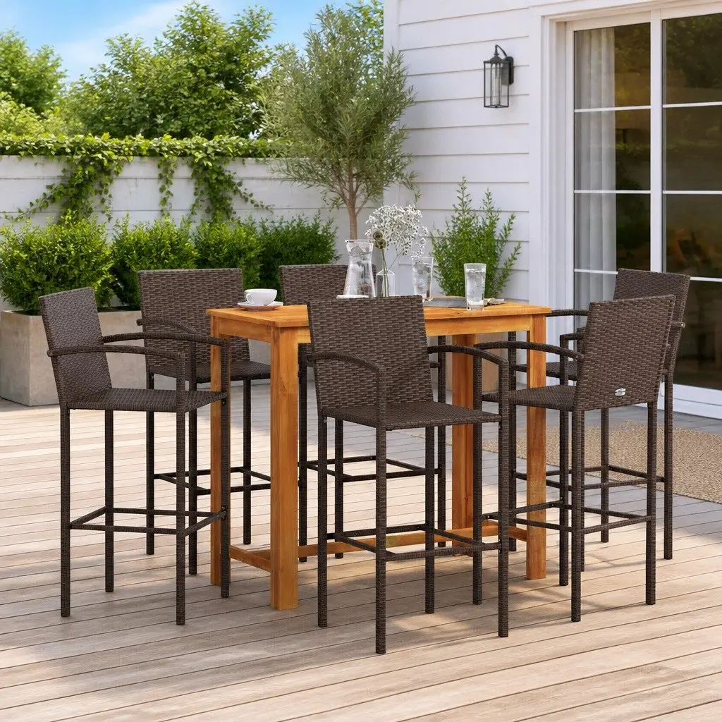 7 Piece Garden Bar Set Outdoor Bar Table and Stools Acacia Wood and Poly Rattan