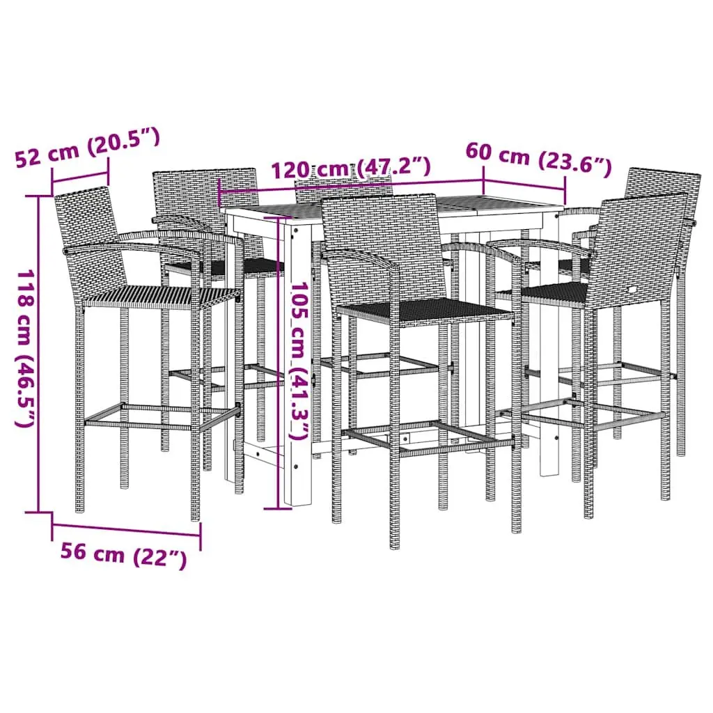 7 Piece Garden Bar Set Outdoor Bar Table and Stools Acacia Wood and Poly Rattan