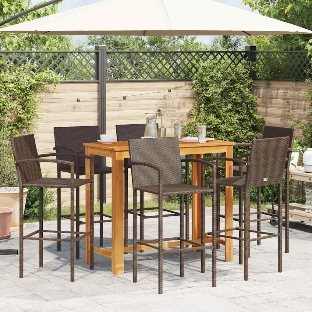 7 Piece Garden Bar Set Outdoor Bar Table and Stools Acacia Wood and Poly Rattan
