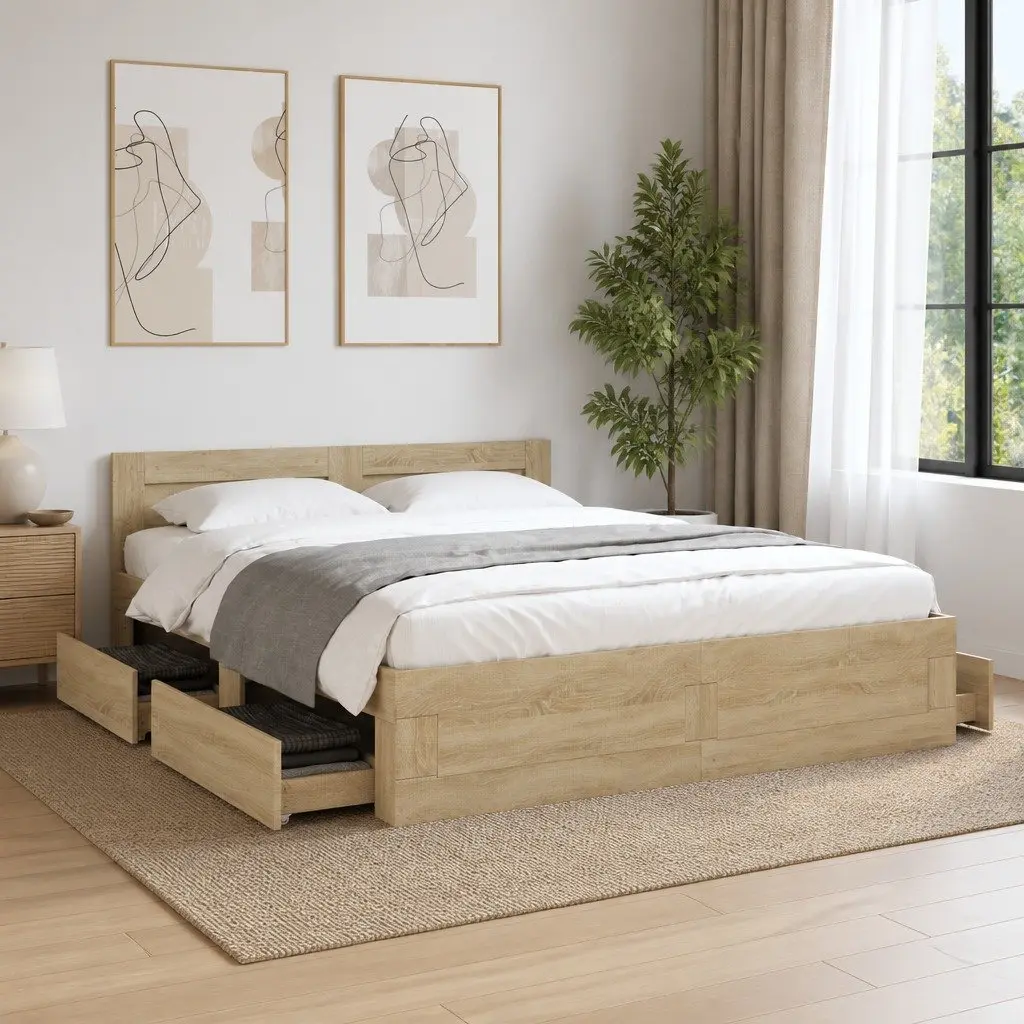 Bed Frame Sonoma Oak 150x200 cm Slatted Base with Headboard and Storage Drawers