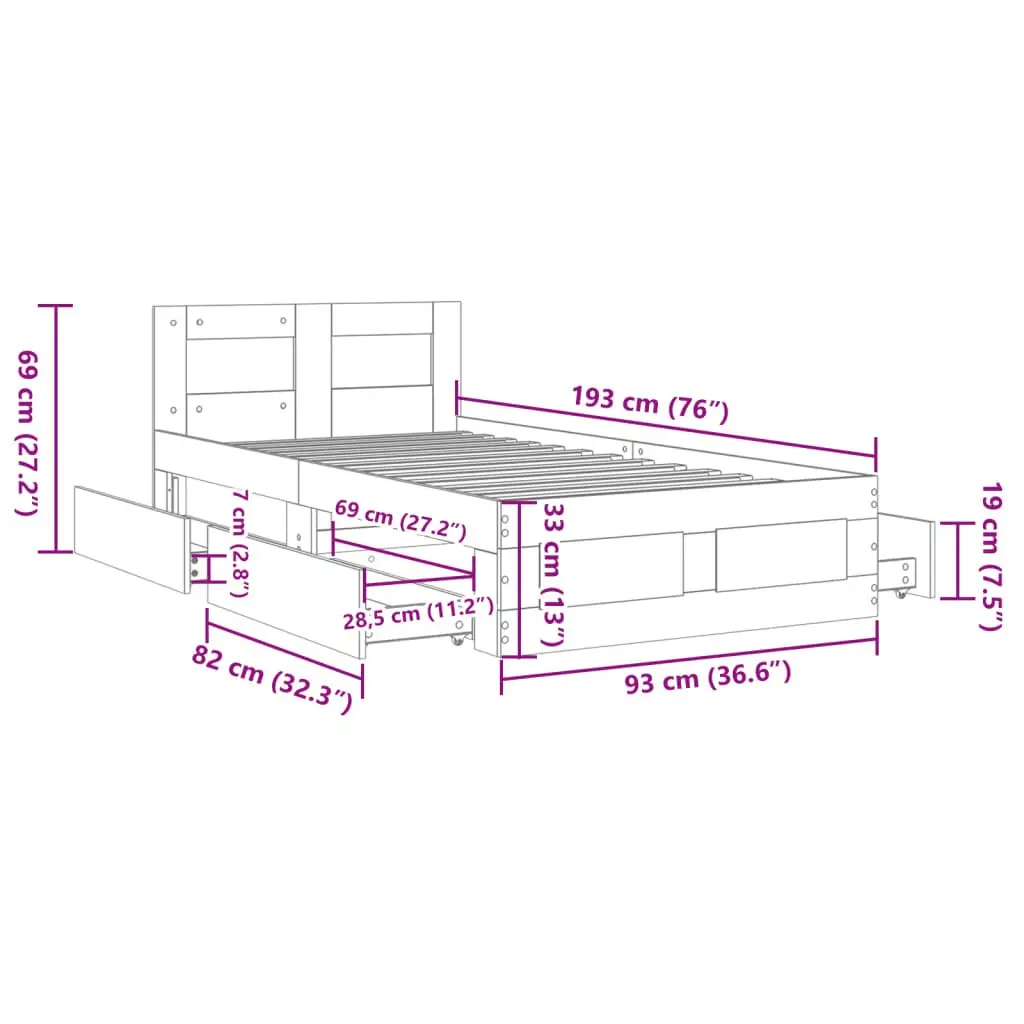 Bed Frame Brown 90 x 190 cm Slatted Base with Storage Drawers
