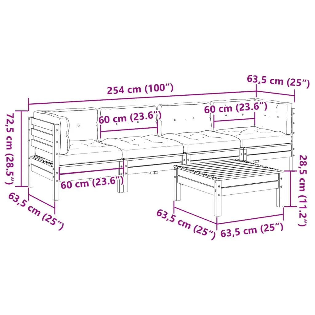 5 Piece Garden Sofa Set with Cushions Solid Pinewood Outdoor Patio Furniture
