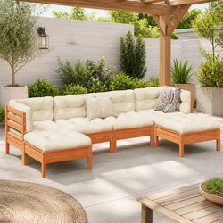 Garden Sofa Set 6 Piece Outdoor Furniture Brown Cushions Solid Wood Patio