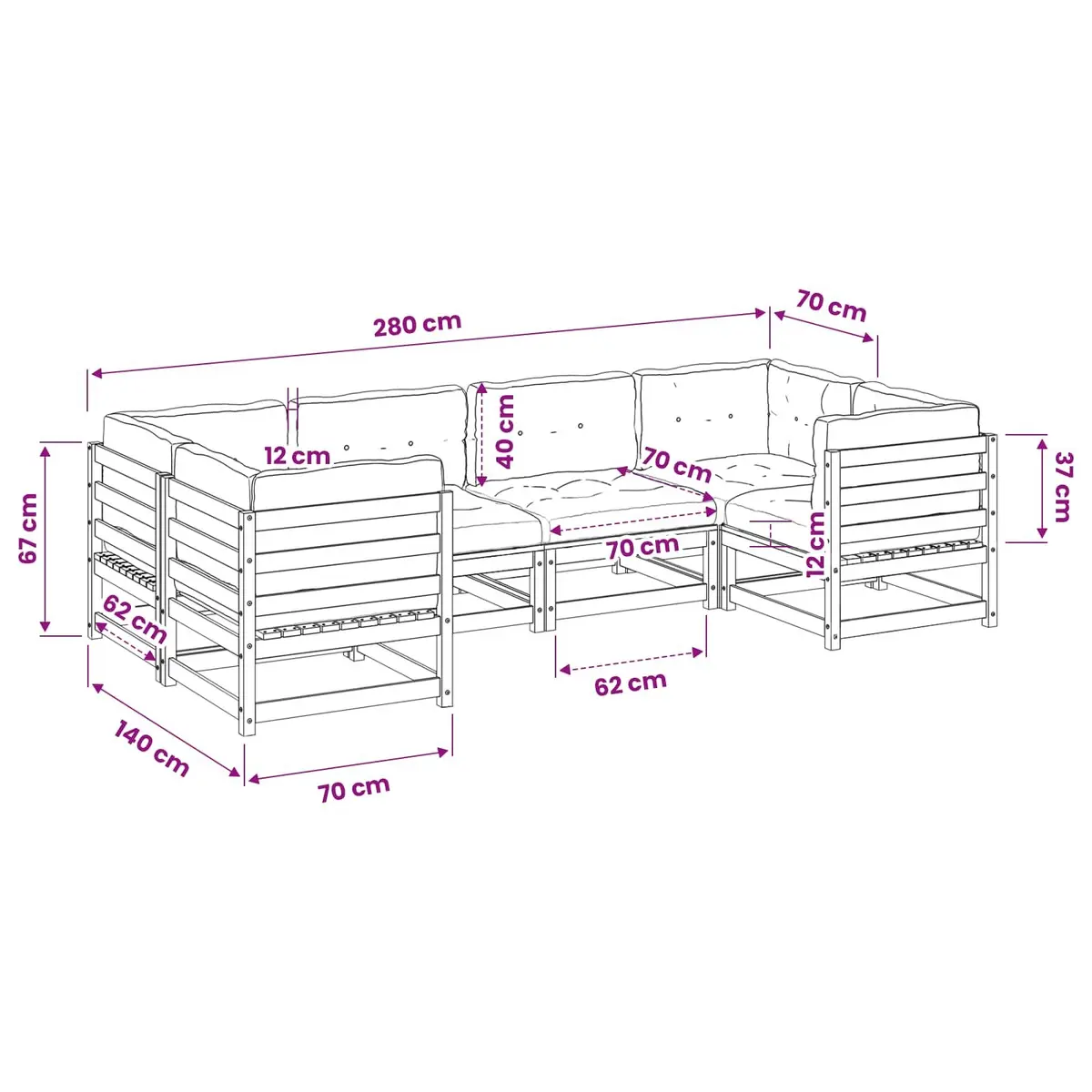 Garden Sofa Set 6 Piece Outdoor Furniture with Cushions Modular Wood Patio