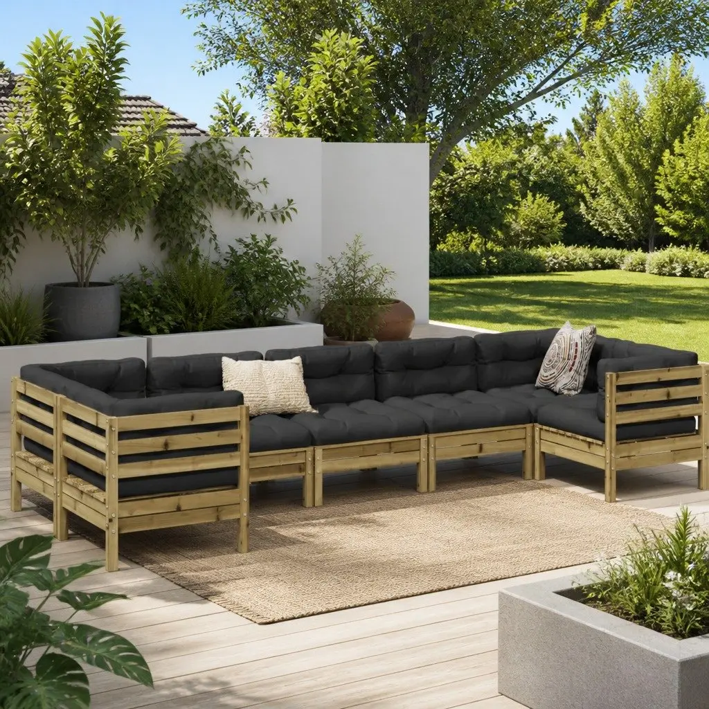 7 Piece Garden Sofa Set Outdoor Patio Furniture Brown Cushions Pinewood