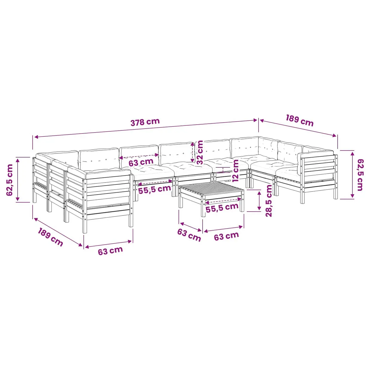 Garden Sofa Set 11 Piece Modular Outdoor Furniture with Cushions Wood Patio