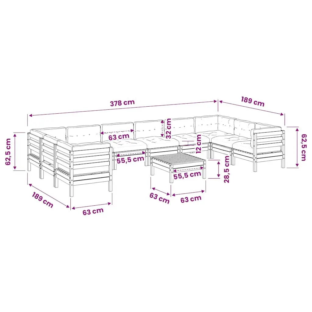 Garden Sofa Set 11 Piece Modular Outdoor Furniture with Cushions Wood Patio
