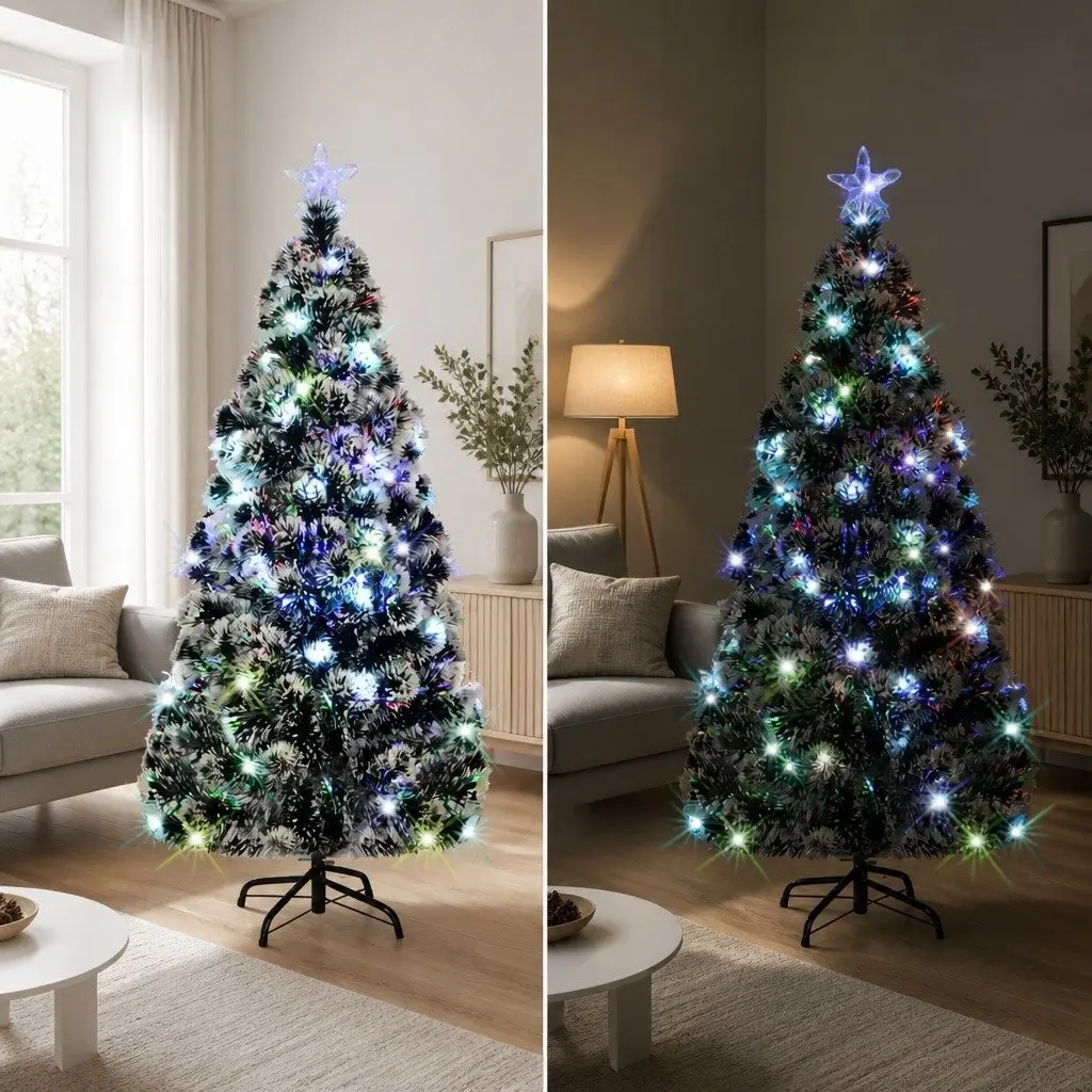 Artificial Christmas Tree Green 210cm Pre-lit Fibre Optic LED Lights White Branches