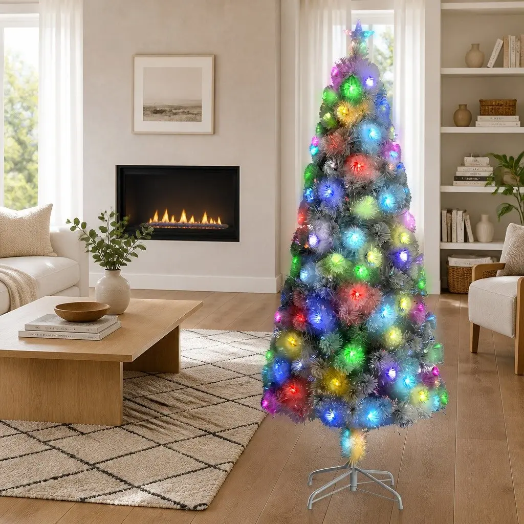 Artificial Christmas Tree White 210cm Pre-lit LED Fibre Optic Dual Lighting