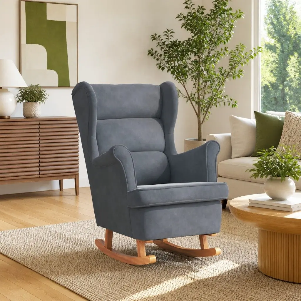 Rocking Chair Grey Velvet Wingback Padded Foam Armchair