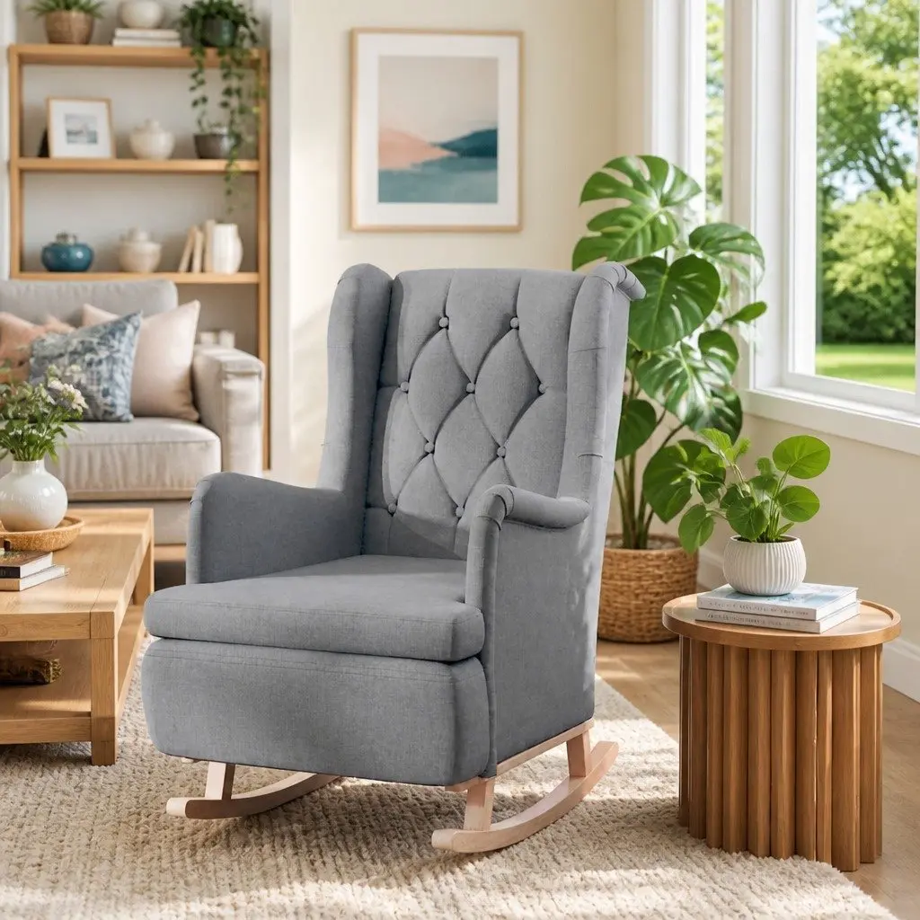 Rocking Armchair Grey Soft Fabric Foam Padded Upholstered Rubber Wood Legs