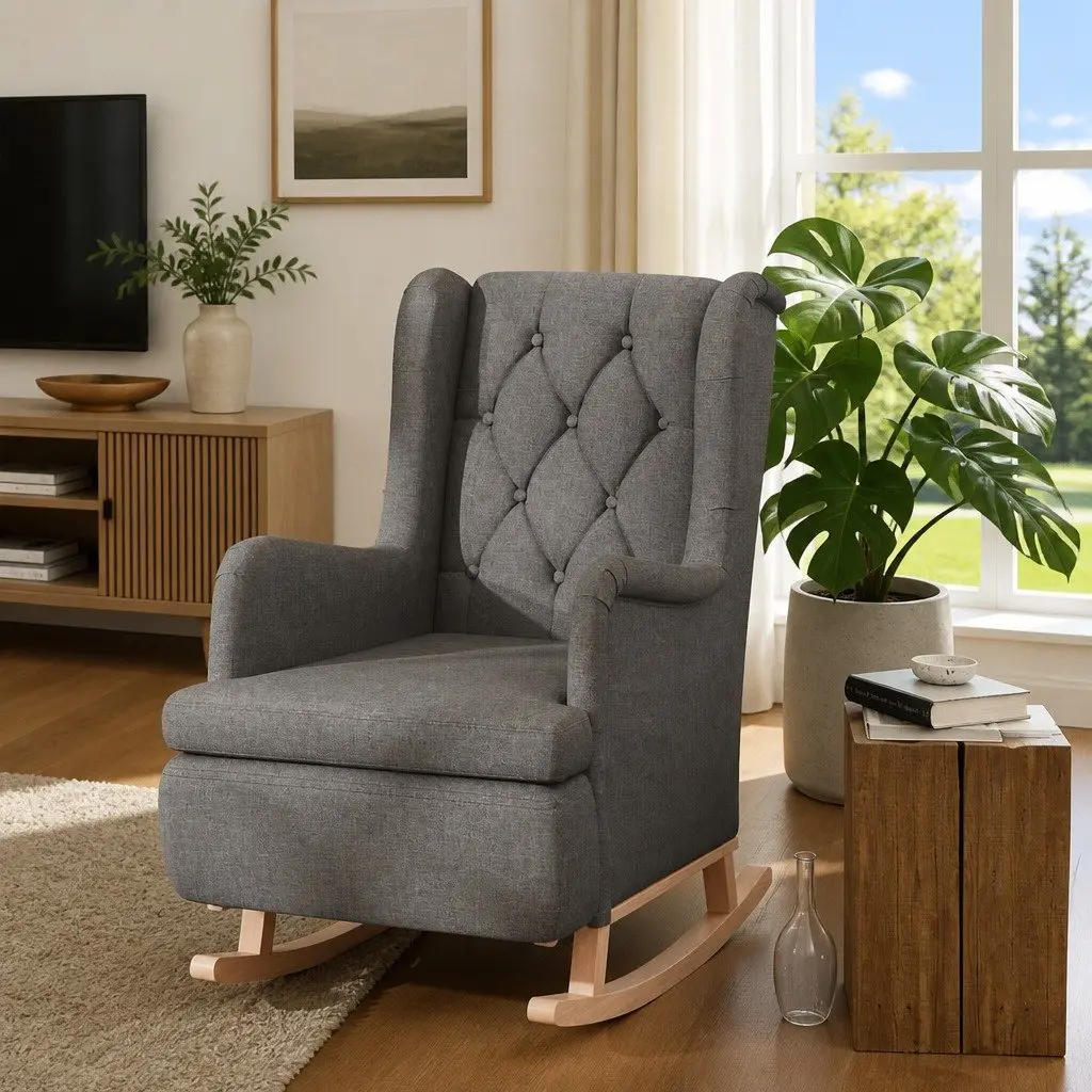 Grey Fabric Armchair Padded Foam Seat with Rocking Legs for Living Room