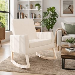 Rocking Chair Cream Fabric Upholstered Armchair with Wooden Frame for Living
