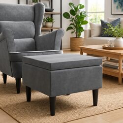 Dark Grey Velvet Stool with Wooden Legs Footrest Ottoman Seat Padding